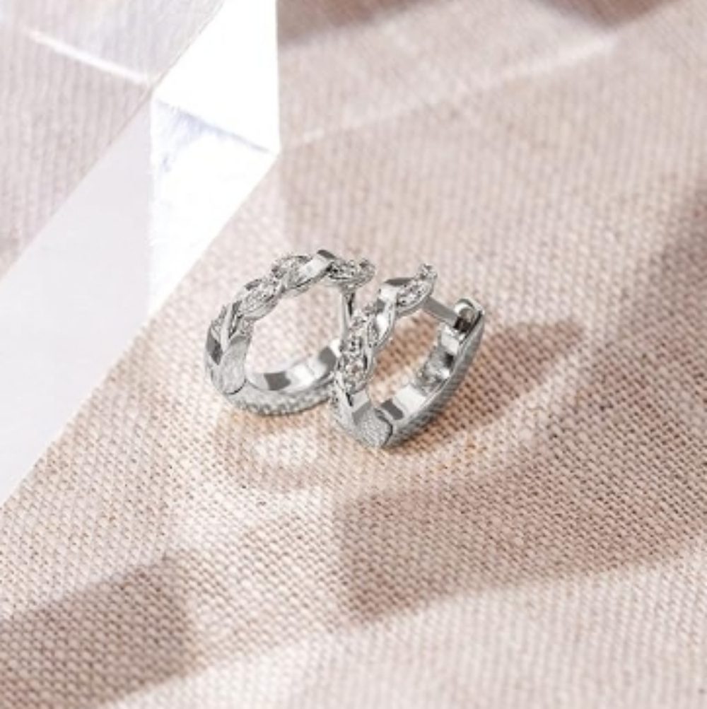 14K White Gold Plated Cubic Zirconia Huggie Hoop Twisted Earrings - Picture 4 of 5